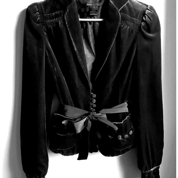 MARC JACOBS Womens Black Silk Crushed Velvet Bow Belted Jacket Blazer Coat - Picture 15 of 16